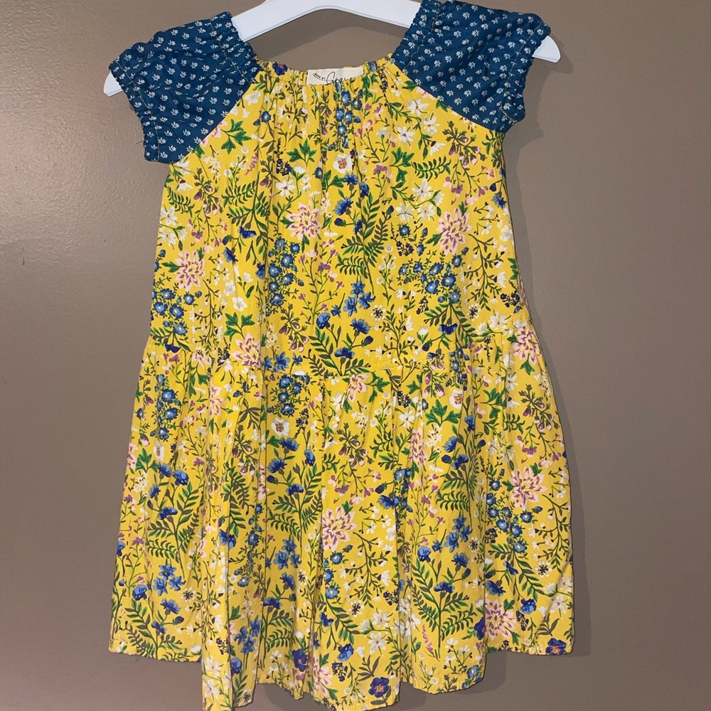 Grayce Girls A-Line Yellow Blue Floral Dress Short Sleeve Ruffle Sz 3 Hand Made